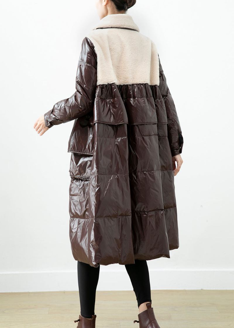 Manteau Surdimensionné En Duvet De Canard Et Velours De Vison Patchwork Chocolat Hiver - Doudounes femmes