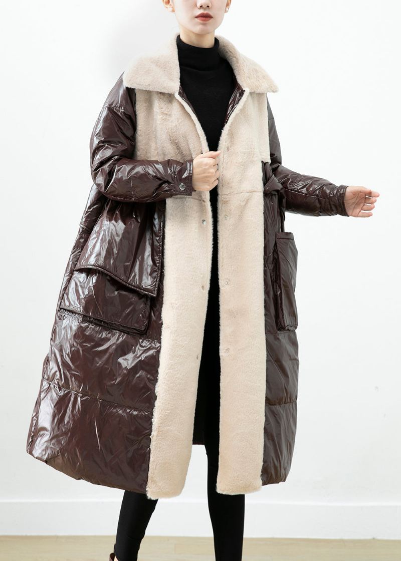 Manteau Surdimensionné En Duvet De Canard Et Velours De Vison Patchwork Chocolat Hiver - Doudounes femmes