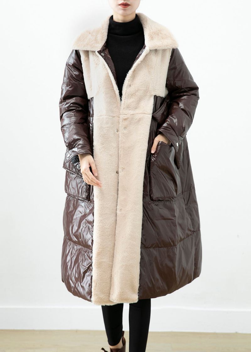 Manteau Surdimensionné En Duvet De Canard Et Velours De Vison Patchwork Chocolat Hiver - Doudounes femmes