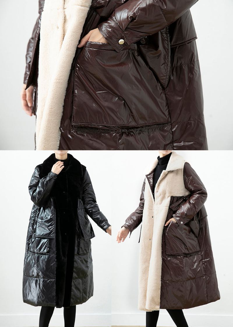 Manteau Surdimensionné En Duvet De Canard Et Velours De Vison Patchwork Chocolat Hiver - Doudounes femmes