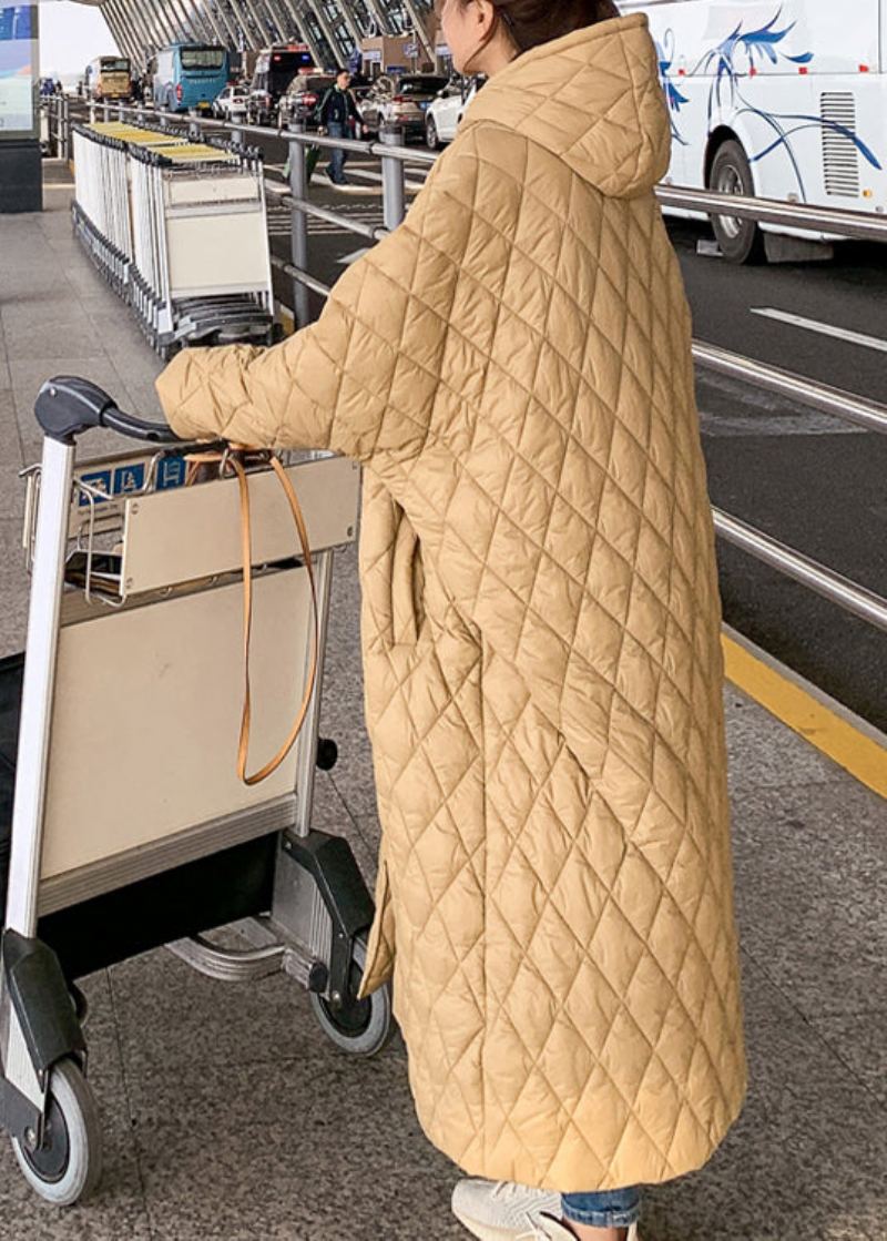 Manteau Surdimensionné Kaki À Capuche Avec Poches Et Boutons En Coton Fin Pour L'hiver - Doudounes femmes