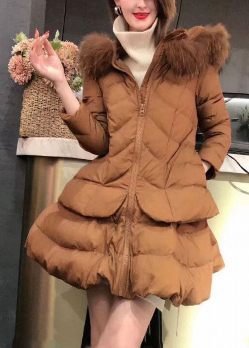 Manteau Unique En Duvet De Canard D'hiver Avec Poches À Capuche Kaki Et Col En Renard - Kaki