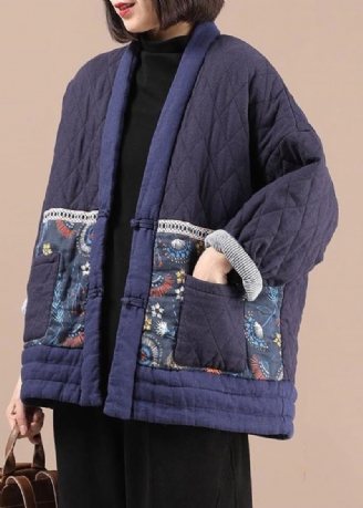 Manteau Witner Rempli De Coton Fin Avec Poches Bleu Marine Col En V Hiver