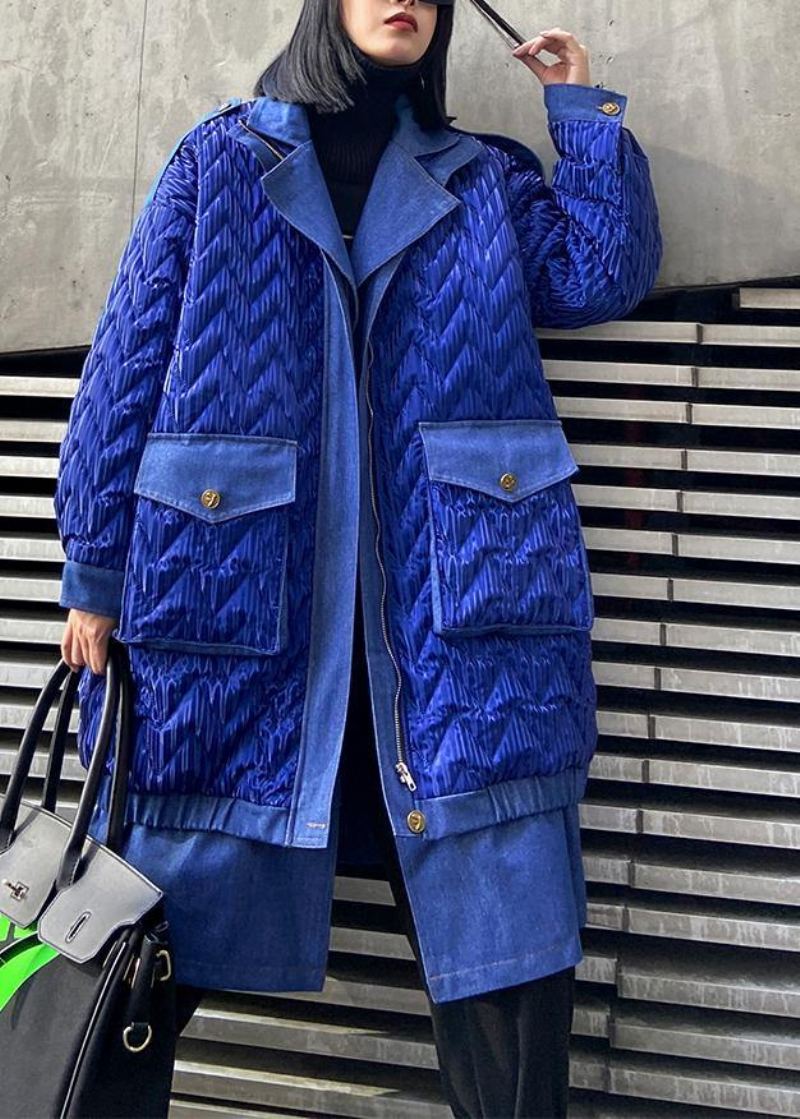 Manteaux Grande Taille À La Mode Vêtements D'extérieur D'hiver Parkas À Fermeture Éclair À Revers Bleu Pour Femmes