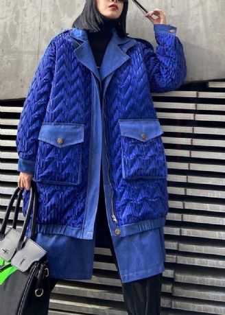 Manteaux Grande Taille À La Mode Vêtements D'extérieur D'hiver Parkas À Fermeture Éclair À Revers Bleu Pour Femmes