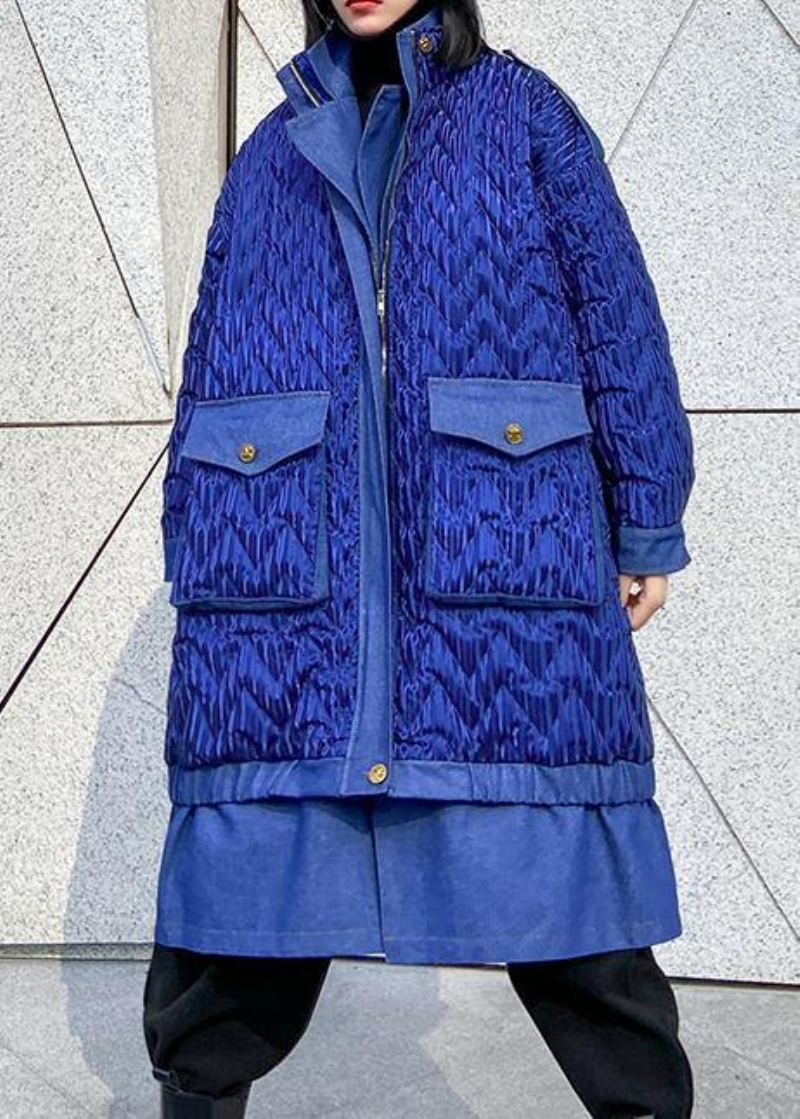 Manteaux Grande Taille À La Mode Vêtements D'extérieur D'hiver Parkas À Fermeture Éclair À Revers Bleu Pour Femmes - Bleu