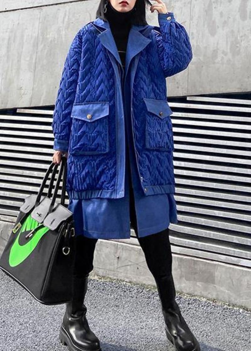 Manteaux Grande Taille À La Mode Vêtements D'extérieur D'hiver Parkas À Fermeture Éclair À Revers Bleu Pour Femmes - Bleu