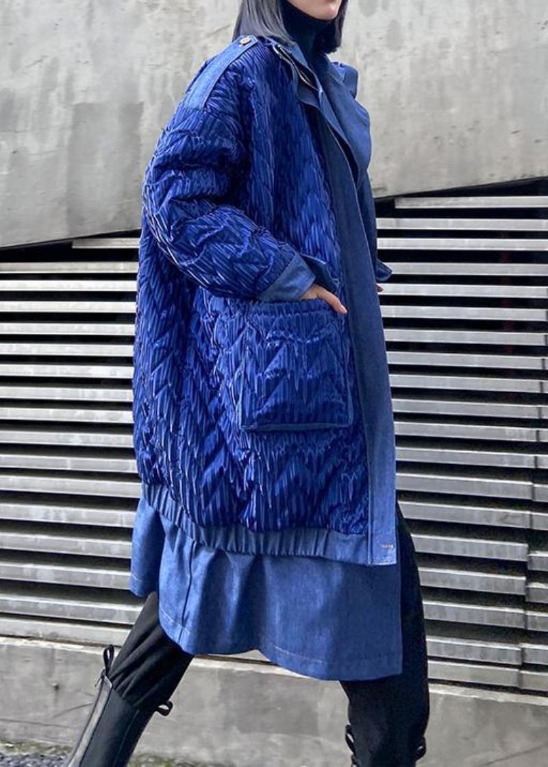 Manteaux Grande Taille À La Mode Vêtements D'extérieur D'hiver Parkas À Fermeture Éclair À Revers Bleu Pour Femmes - Bleu