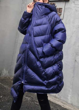 Manteaux D'hiver Élégants Grande Taille Parka Bleue À Capuche Et Fermeture Éclair Pour Femme