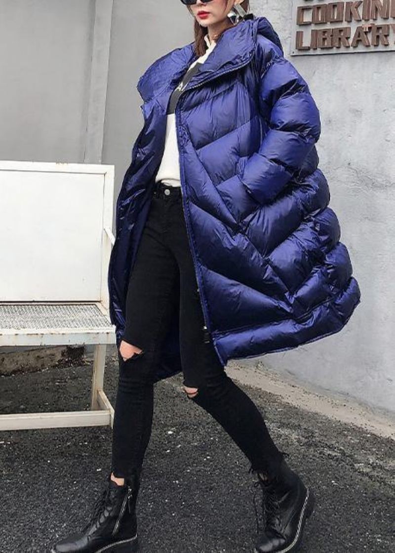 Manteaux D'hiver Élégants Grande Taille Parka Bleue À Capuche Et Fermeture Éclair Pour Femme - Noir