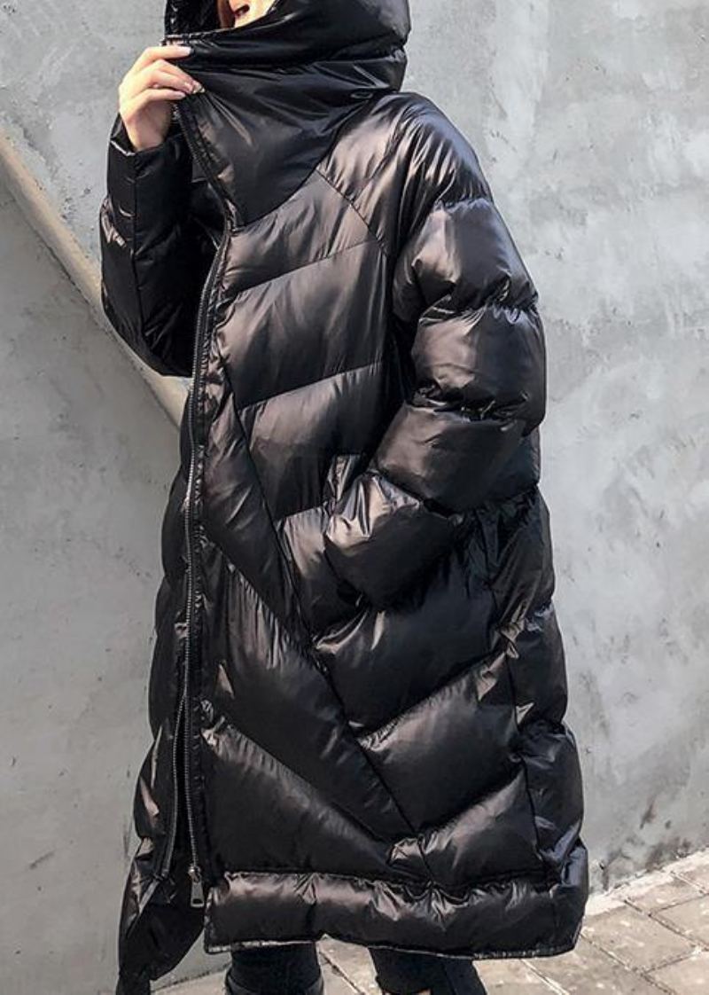 Manteaux D'hiver Grande Taille Pour Femmes Parkas Noires À Capuche Et Fermeture Éclair - Noir