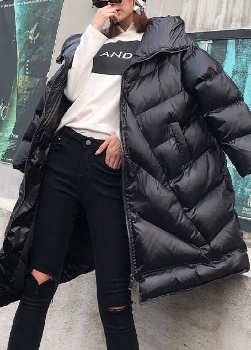 Manteaux D'hiver Grande Taille Pour Femmes Parkas Noires À Capuche Et Fermeture Éclair - Noir