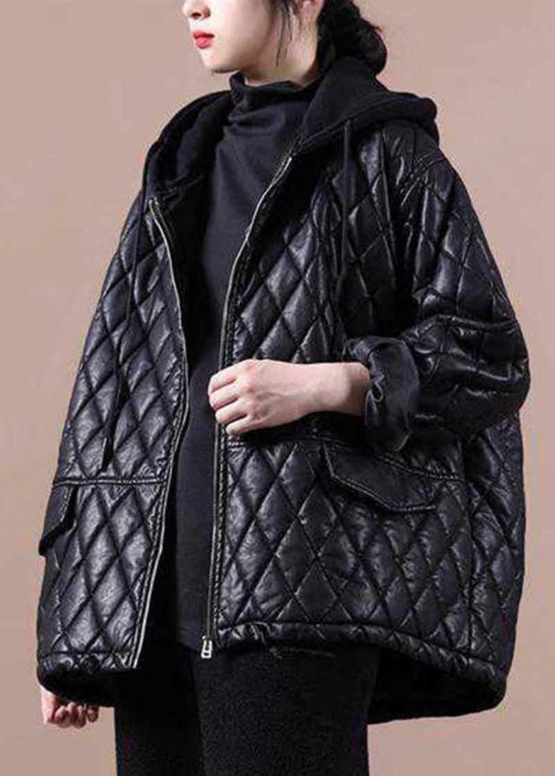 Manteaux D'hiver De Luxe Noir À Capuche Avec Fermeture Éclair Patchwork À Manches Longues - Doudounes femmes