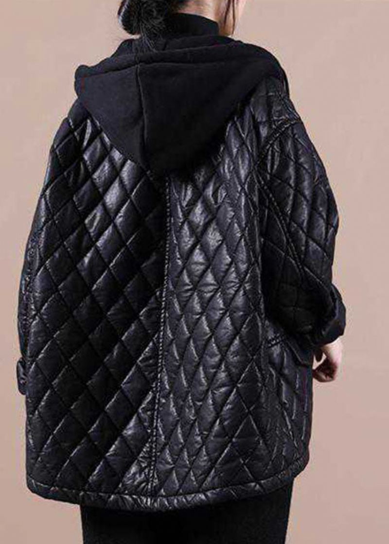 Manteaux D'hiver De Luxe Noir À Capuche Avec Fermeture Éclair Patchwork À Manches Longues - Doudounes femmes