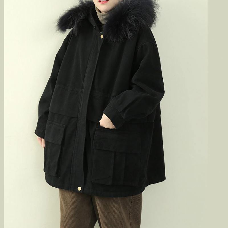 Manteaux D'hiver Noirs De Luxe Vêtements Grande Taille Pardessus À Capuche Avec Col En Fausse Fourrure - Noir