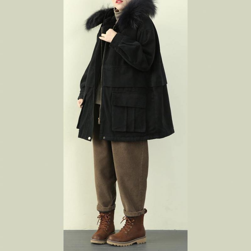 Manteaux D'hiver Noirs De Luxe Vêtements Grande Taille Pardessus À Capuche Avec Col En Fausse Fourrure - Noir