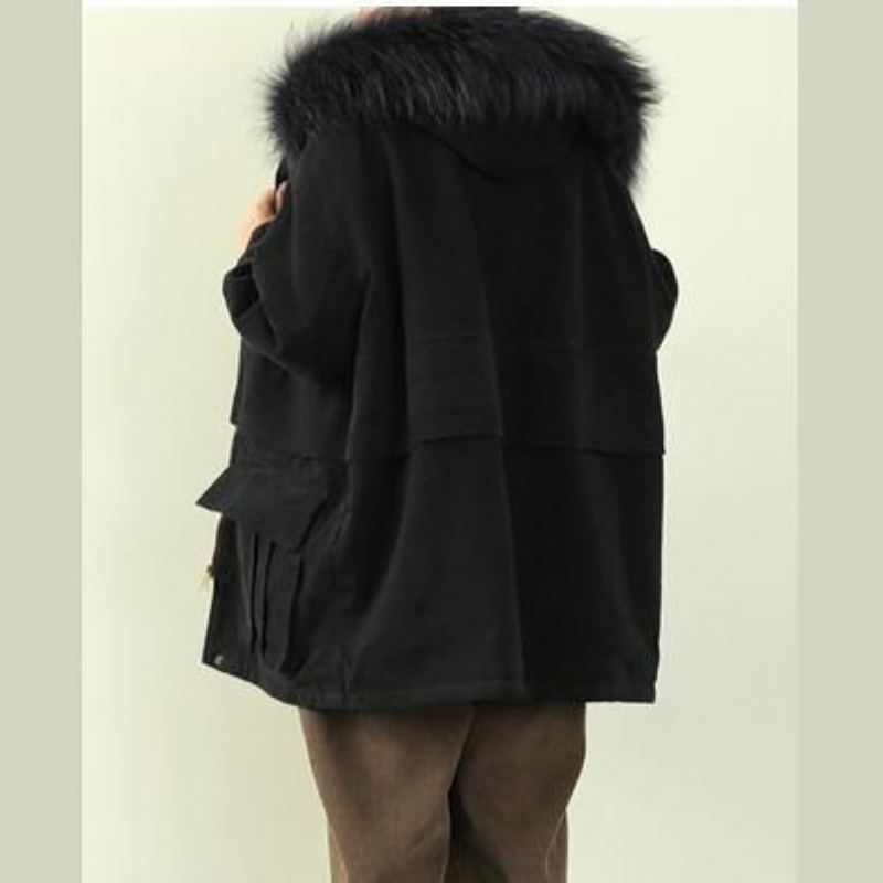 Manteaux D'hiver Noirs De Luxe Vêtements Grande Taille Pardessus À Capuche Avec Col En Fausse Fourrure - Noir