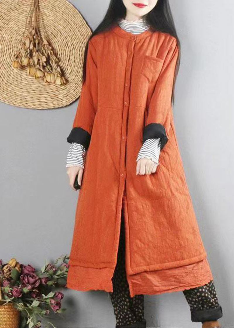 Manteaux D'hiver Remplis De Coton Fin Patchwork Orange Avec Dentelle À Boutons - Doudounes femmes