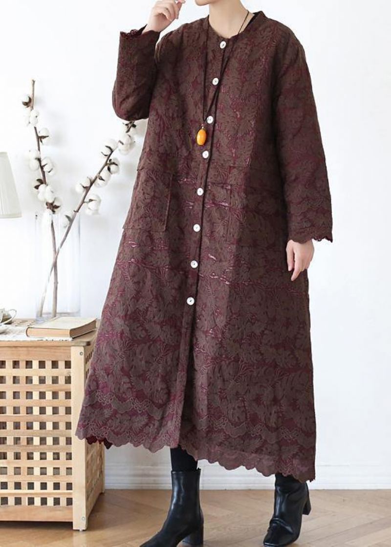 Manteaux De Luxe En Chocolat Pour Femmes Manteau D'hiver Chaud Surdimensionné Col Rond Vêtements D'extérieur En Jacquard - Rouge