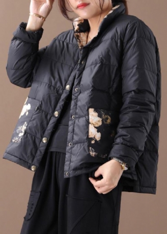 Manteaux Parka Chauds Pour Femmes Imprimé Patchwork Noir Col Montant Poches Manteau D'hiver Chaud