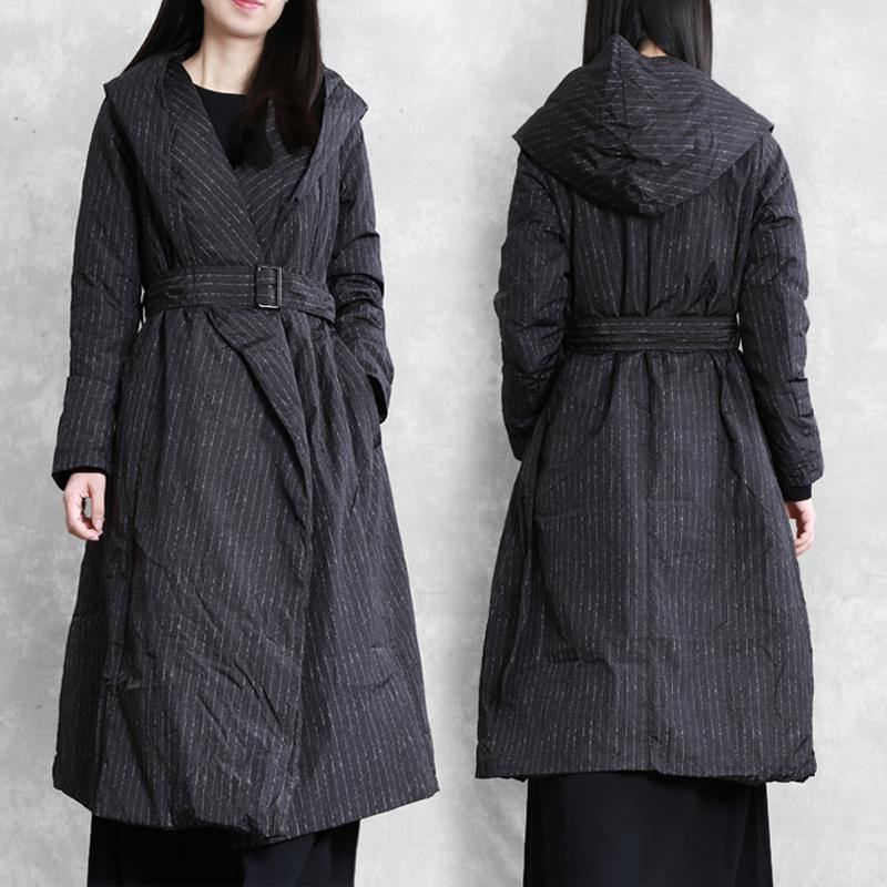 Manteaux Parka De Luxe Pour Femmes Grande Taille Rayé Noir Capuche Cravate À La Doudoune Femme - Doudounes femmes