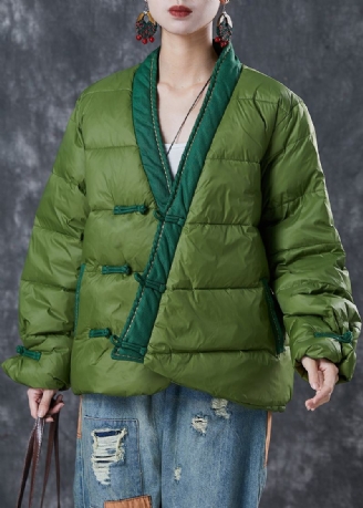 Manteaux De Style Chinois En Patchwork Vert Remplis De Coton Fin Boutons Hiver