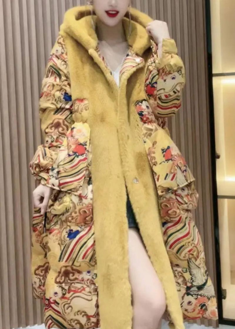 Mode Jaune Imprimé Patchwork Bouton Fausse Fourrure Épais Long Manteau À Capuche Hiver