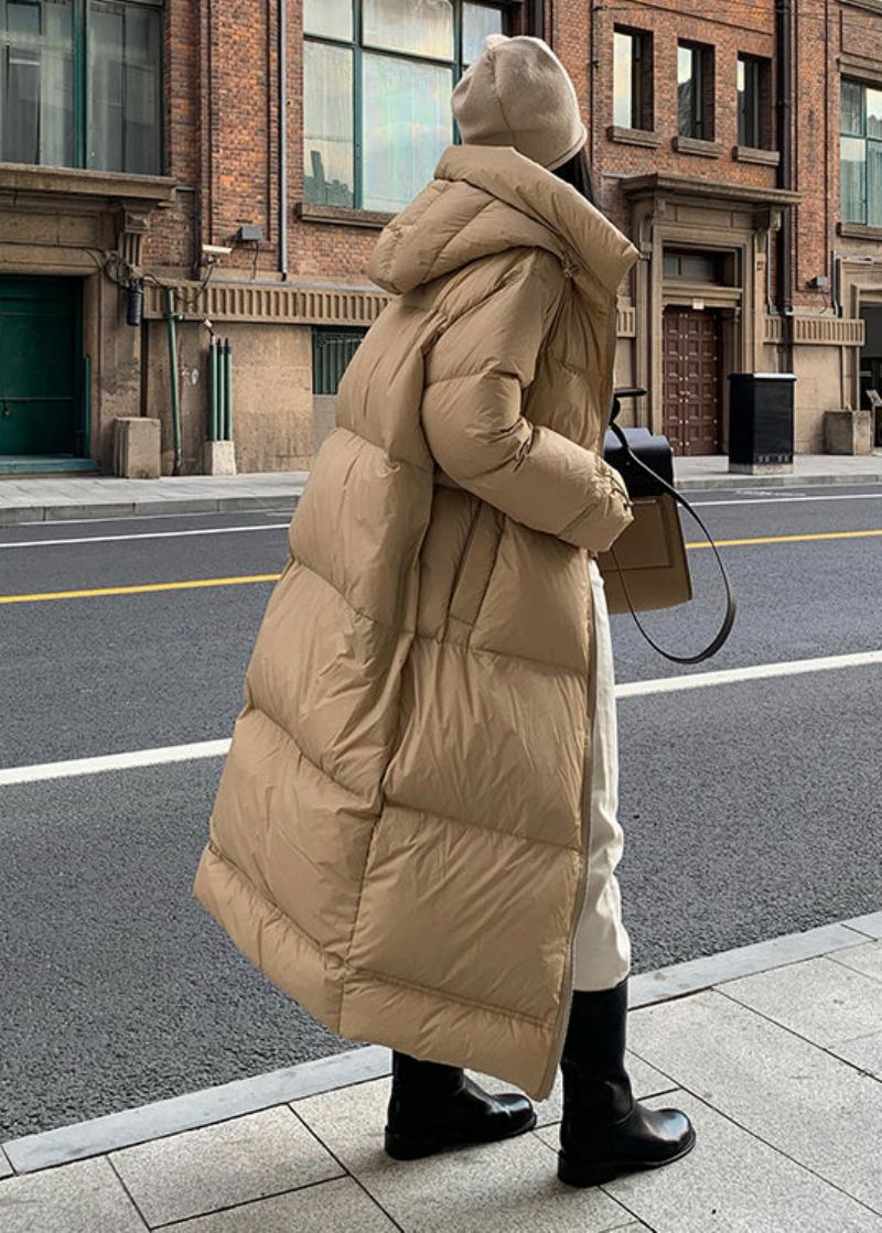 Mode Kaki Poches Zippées À Capuche Duvet De Canard Manteau Hiver - Doudounes femmes