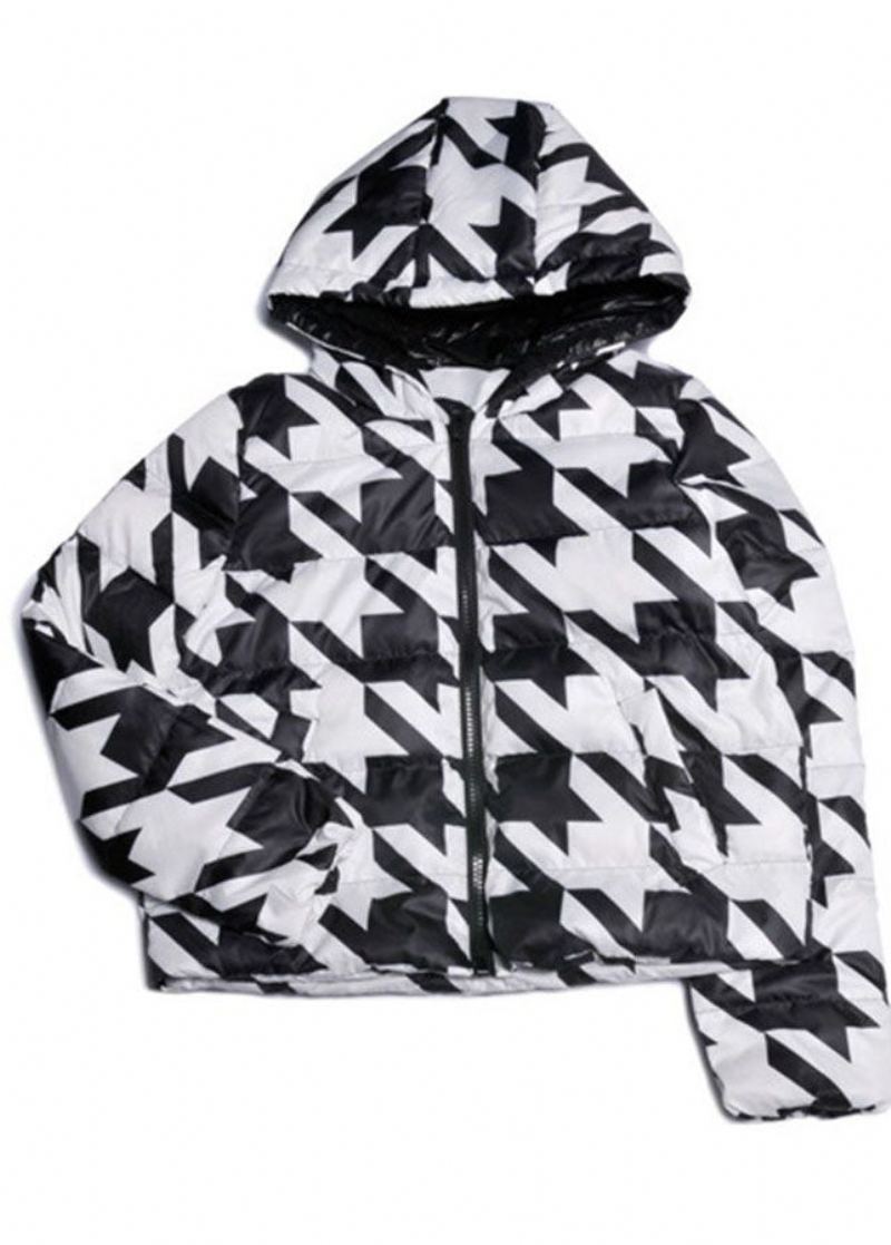 Mode Noir Blanc Plaid À Capuche Fermeture Éclair Duvet De Canard Doudoune Hiver - Doudounes femmes