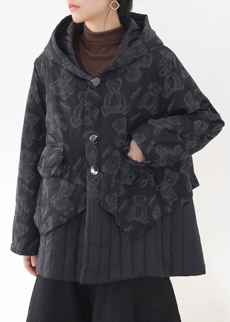 Mode Noir Bouton Patchwork Imprimé Poches À Capuche Parka À Manches Longues - Doudounes femmes