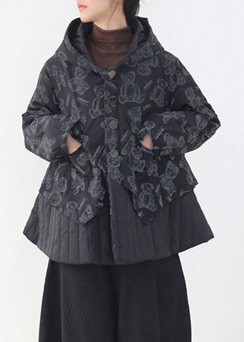 Mode Noir Bouton Patchwork Imprimé Poches À Capuche Parka À Manches Longues - Doudounes femmes