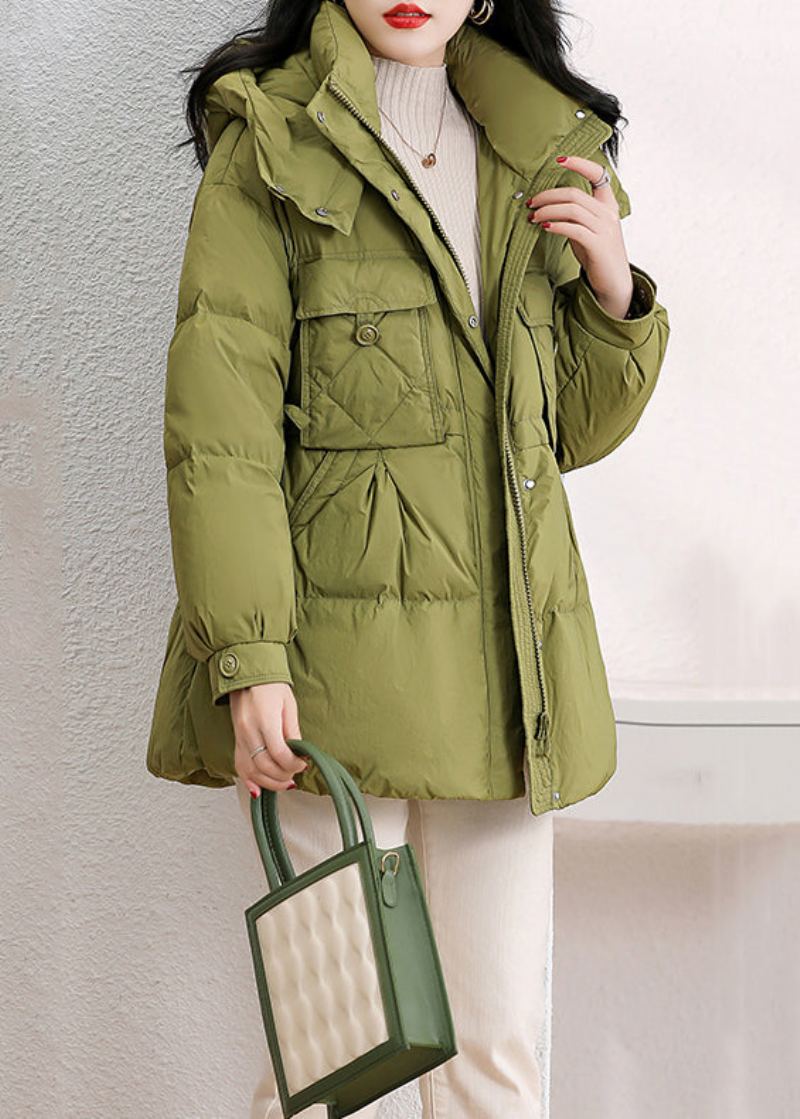 Mode Vert À Capuche Poches Patchwork Duvet De Canard Manteau Hiver - Doudounes femmes