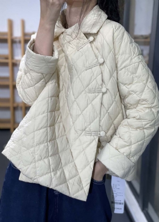 Nouveau Beige Col Claudine Bouton Patchwork Mince Parka Hiver