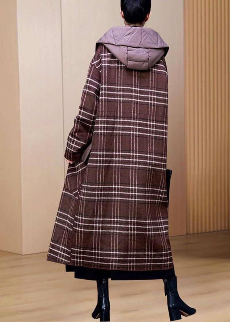 Nouveau Café À Capuche Poches Patchwork Épais Long Manteau Hiver - Doudounes femmes