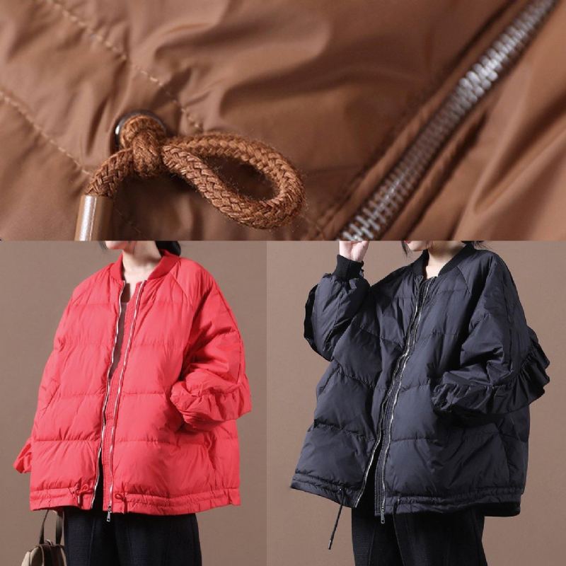 Nouveau Décontracté Femmes Parka Vestes Rouge Col Montant Volants Chaud Hiver Manteau - Noir