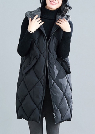 Nouveau Gilet Parka Noir En Fausse Fourrure À Capuche Sans Manches En Patchwork