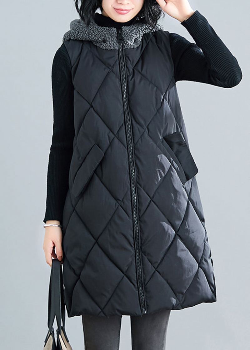 Nouveau Gilet Parka Noir En Fausse Fourrure À Capuche Sans Manches En Patchwork - Doudounes femmes