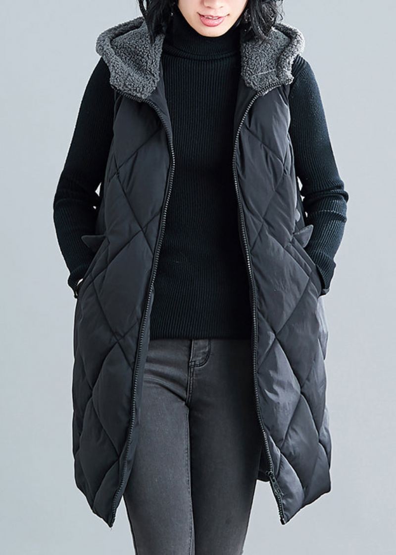 Nouveau Gilet Parka Noir En Fausse Fourrure À Capuche Sans Manches En Patchwork - Doudounes femmes