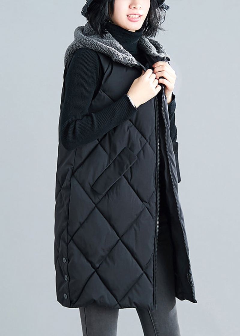 Nouveau Gilet Parka Noir En Fausse Fourrure À Capuche Sans Manches En Patchwork - Doudounes femmes