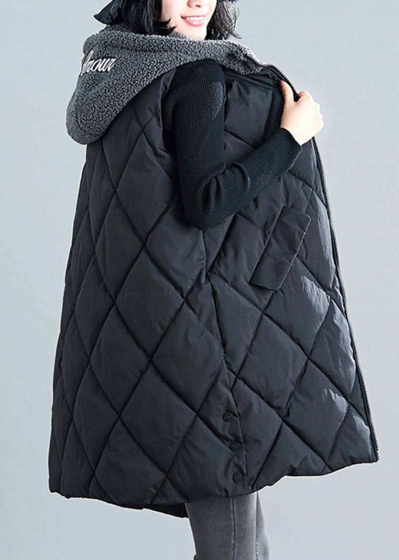 Nouveau Gilet Parka Noir En Fausse Fourrure À Capuche Sans Manches En Patchwork - Doudounes femmes