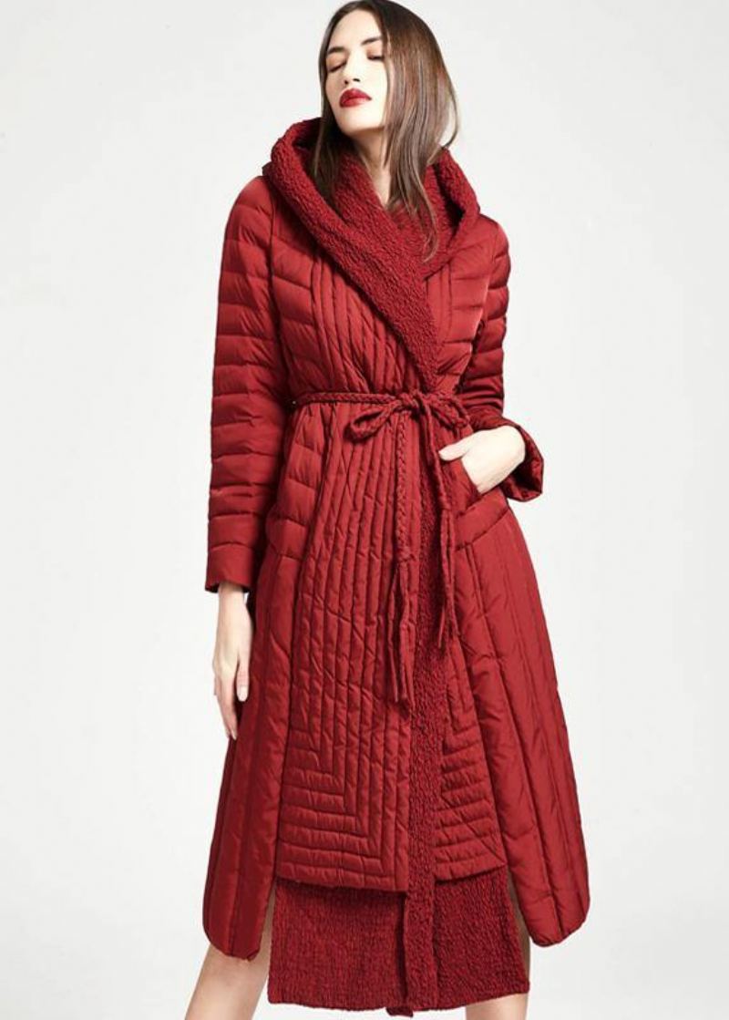 Nouveau Grande Taille Femmes Parka Cravate Vestes Rouge À Capuche Ourlet Asymétrique Duvet De Canard Manteau