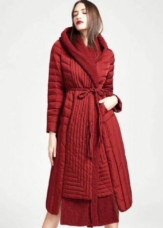 Nouveau Grande Taille Femmes Parka Cravate Vestes Rouge À Capuche Ourlet Asymétrique Duvet De Canard Manteau