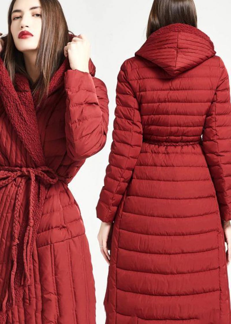 Nouveau Grande Taille Femmes Parka Cravate Vestes Rouge À Capuche Ourlet Asymétrique Duvet De Canard Manteau - Doudounes femmes