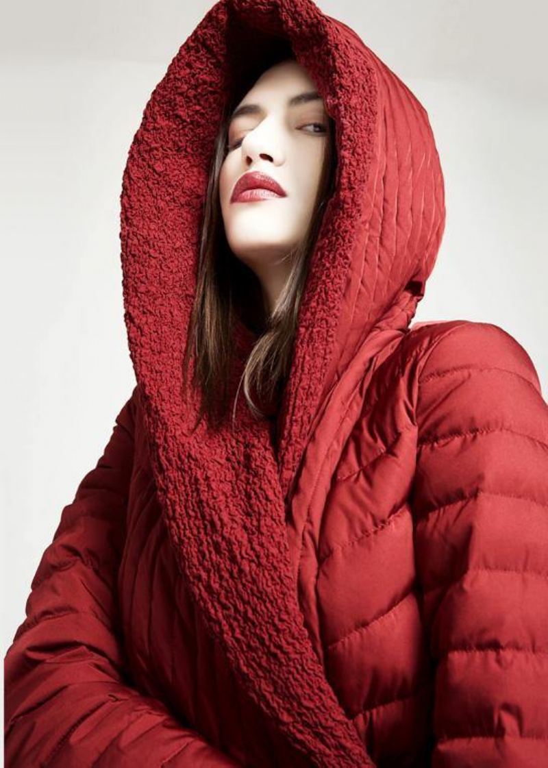 Nouveau Grande Taille Femmes Parka Cravate Vestes Rouge À Capuche Ourlet Asymétrique Duvet De Canard Manteau - Doudounes femmes