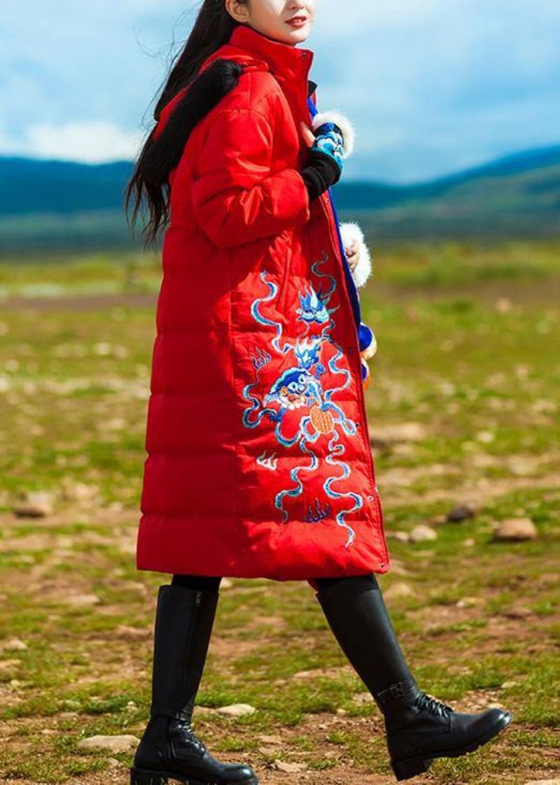 Nouveau Manteau En Duvet D'oie Rouge Grande Taille Doudoune Brodée À Capuche Vestes Élégantes - Doudounes femmes