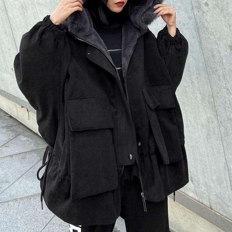 Nouveau Manteau D'hiver Chaud Grande Taille Noir À Capuche Col En Fausse Fourrure Tenue Décontractée