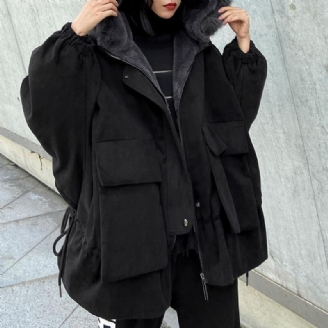 Nouveau Manteau D'hiver Chaud Grande Taille Noir À Capuche Col En Fausse Fourrure Tenue Décontractée