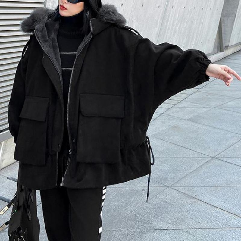 Nouveau Manteau D'hiver Chaud Grande Taille Noir À Capuche Col En Fausse Fourrure Tenue Décontractée - Doudounes femmes