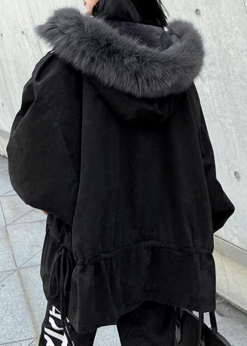 Nouveau Manteau D'hiver Chaud Grande Taille Noir À Capuche Col En Fausse Fourrure Tenue Décontractée - Doudounes femmes