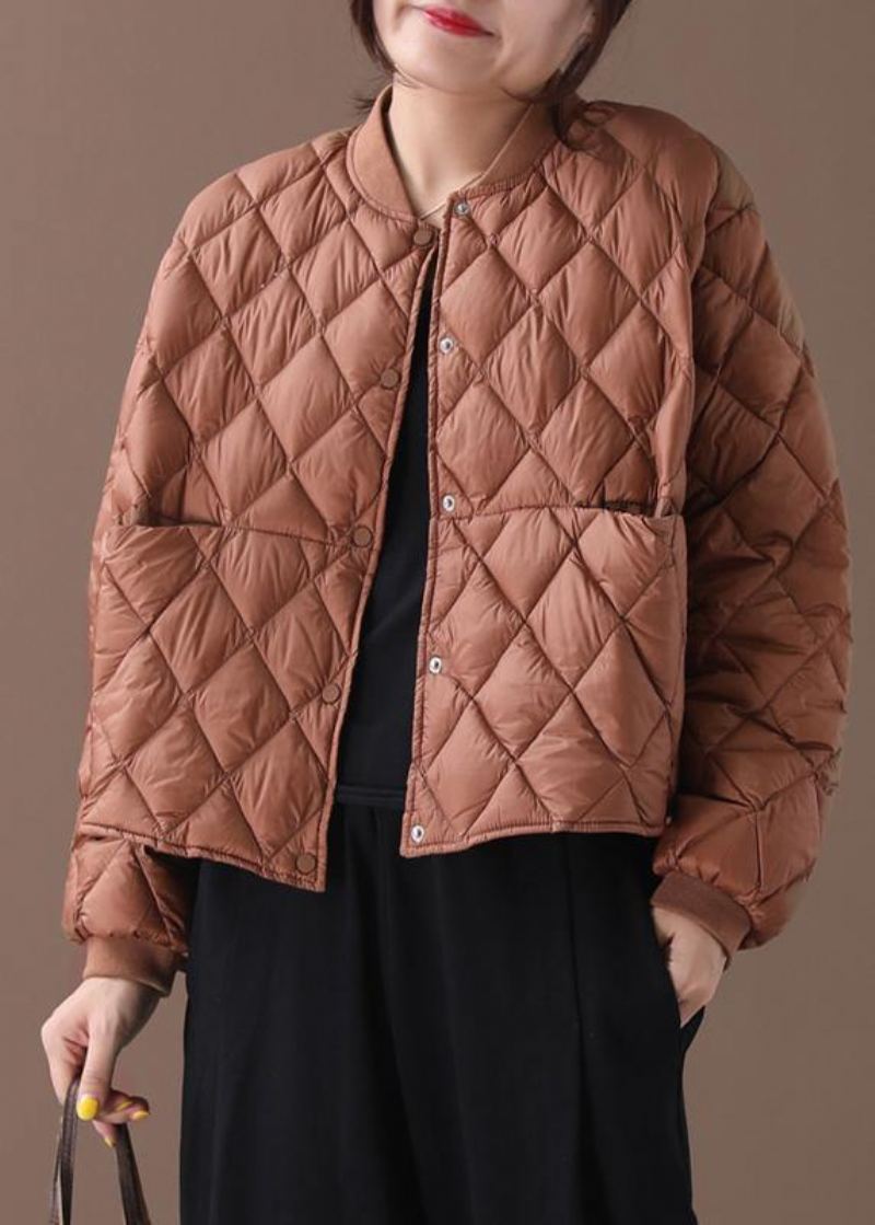 Nouveau Manteau D'hiver Chaud Marron Grande Taille Col Montant Pardessus Géométrique - Doudounes femmes